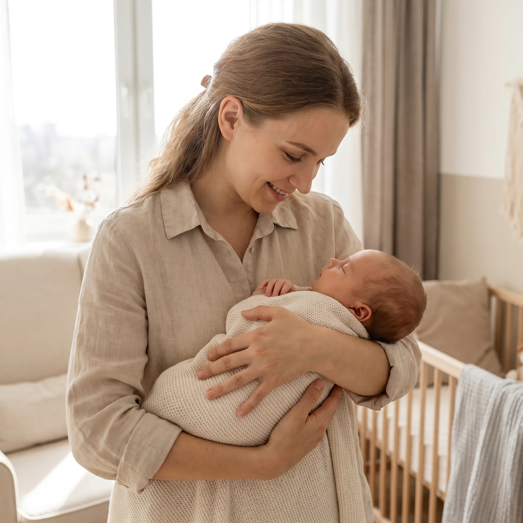Une intervenante d'Aux Petits Soins porte tendrement un bébé dans une chambre d'enfant lumineuse.
