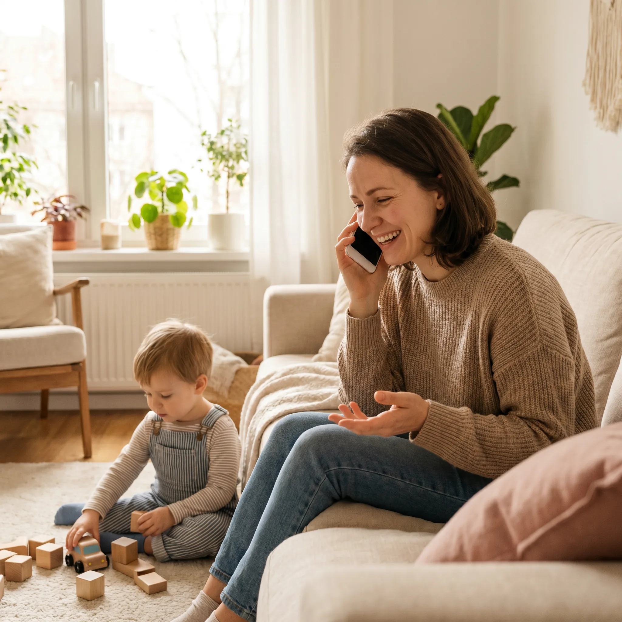 Une baby-sitter d'Aux Petits Soins veille sur un enfant qui joue tranquillement à la maison.