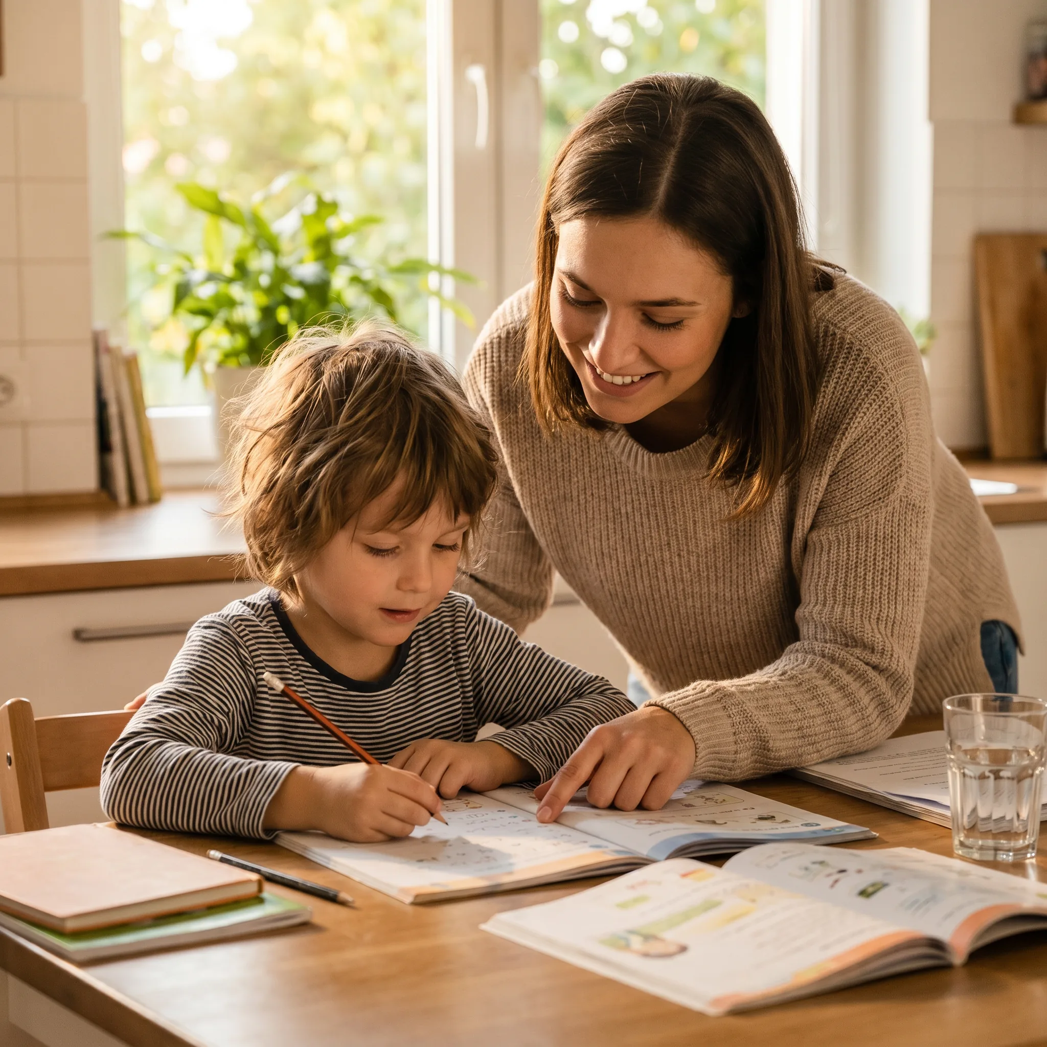 Une baby-sitter d'Aux Petits Soins aide un enfant à faire ses devoirs à table, en fin d'après-midi.