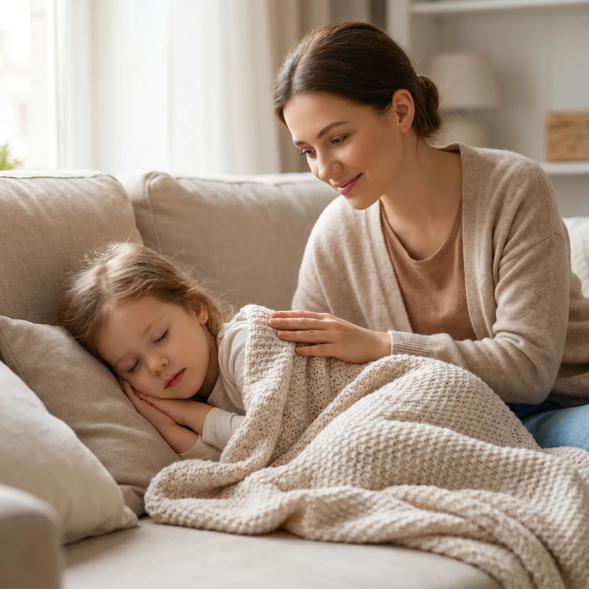 Une baby-sitter d'Aux Petits Soins réconforte un enfant malade installé sous un plaid sur le canapé.