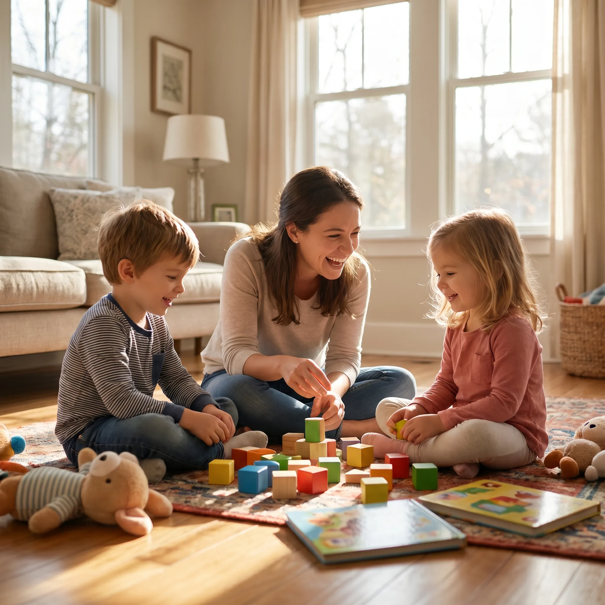 Une baby-sitter d'Aux Petits Soins joue avec deux enfants dans un salon lumineux.