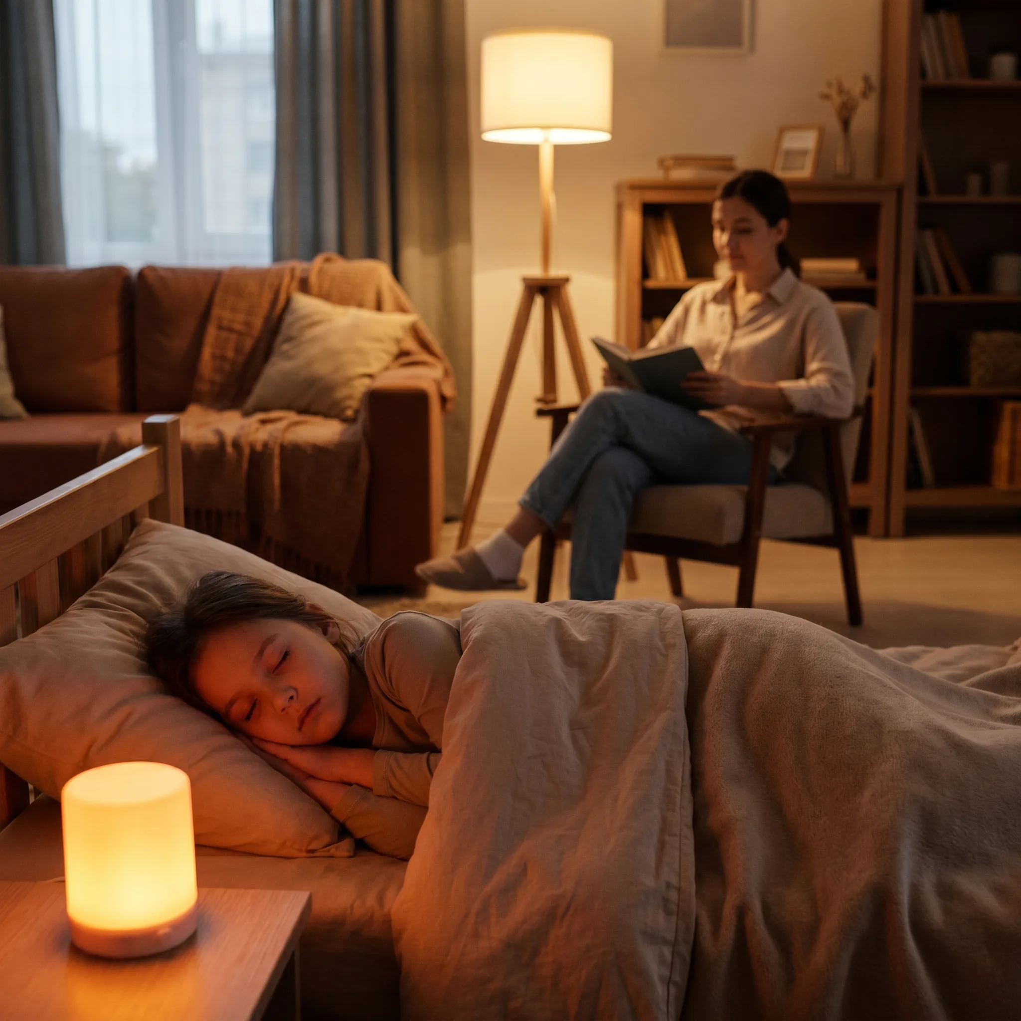 Une baby-sitter d'Aux Petits Soins veille au calme pendant qu'un enfant dort, dans une lumière douce du soir.