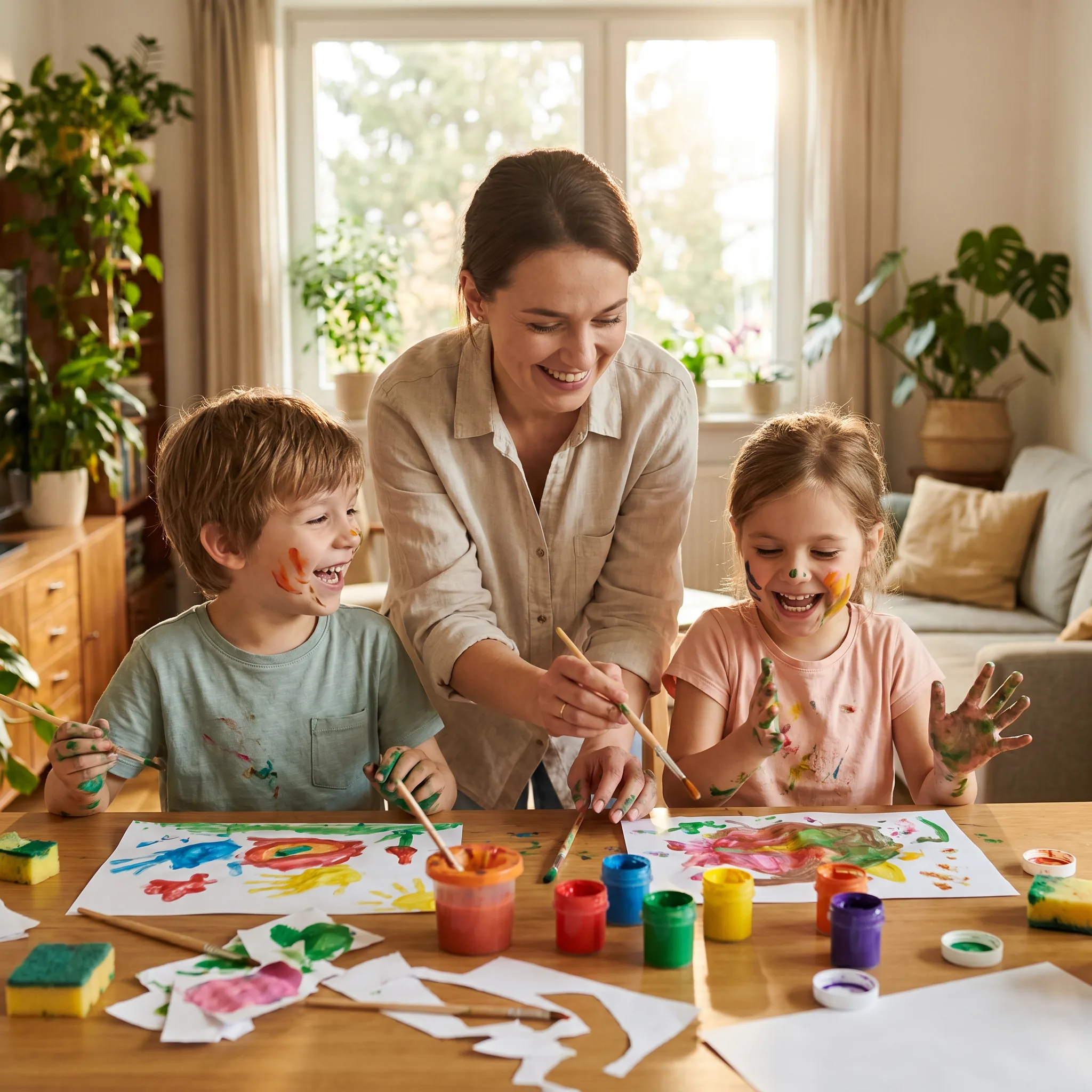 Une baby-sitter d'Aux Petits Soins anime une activité créative avec des enfants autour d'une table colorée.